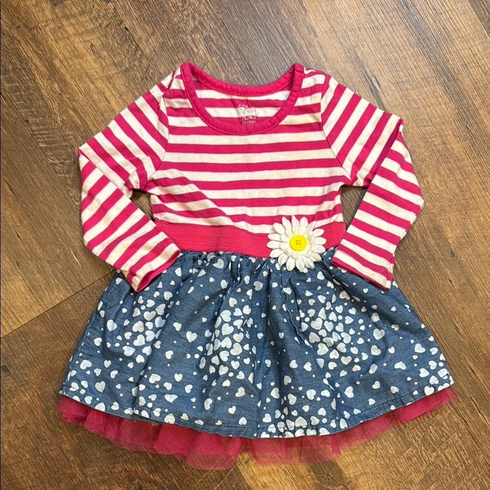 Children’s Place Pink and Blue Striped‎ Dress with Heart Skirt 12-18 months